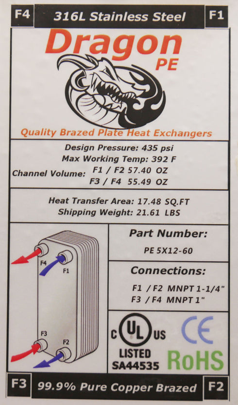 60 Brazed Plate 5"x12" Heat Exchanger 150,000 BTU